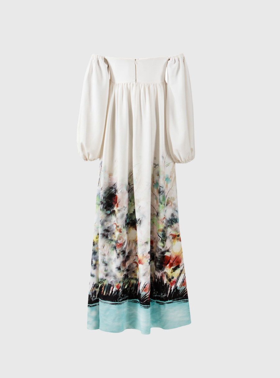Maxi Off-the-Shoulder Abstract Print Dress